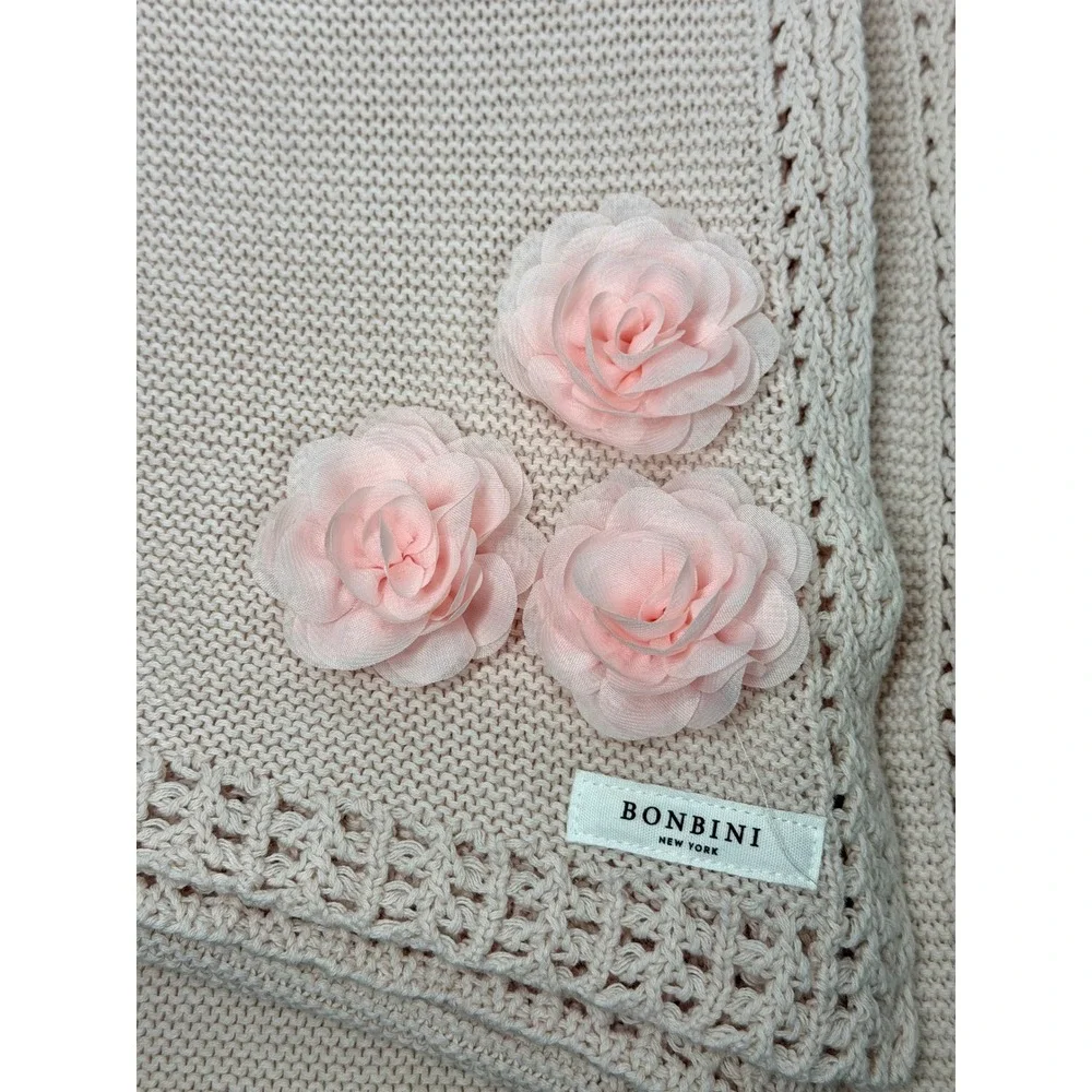 Bonbini New York Blush Pink Cotton Baby Blanket Rosette Appliqué 0-6M 33x46